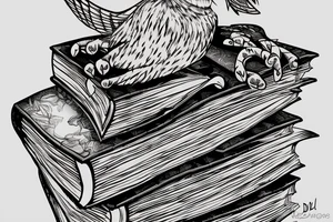 Three books, piled up on one another. Owl resting on top of books. tattoo idea