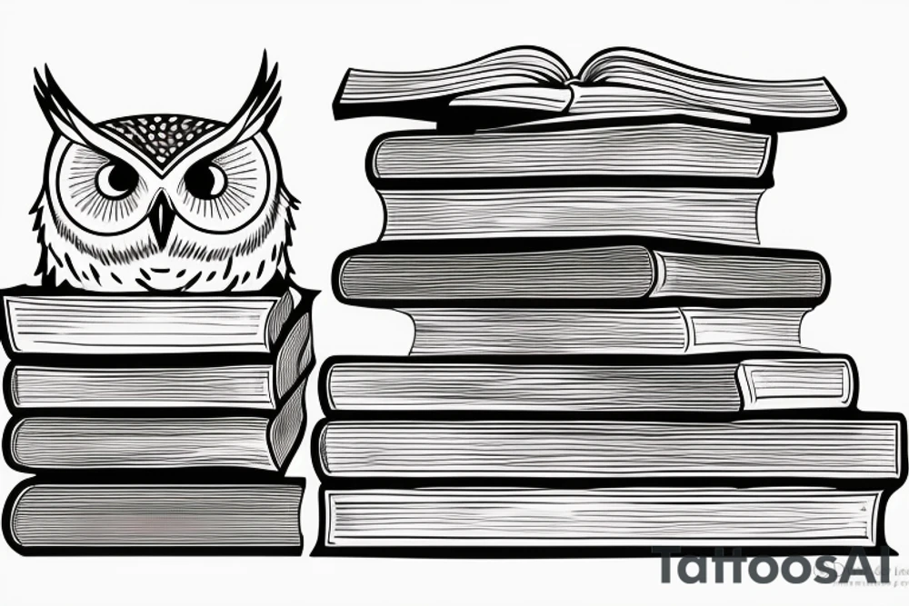 Three books, piled up on one another. Owl resting on top of books. tattoo idea