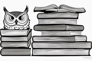 Three books, piled up on one another. Owl resting on top of books. tattoo idea