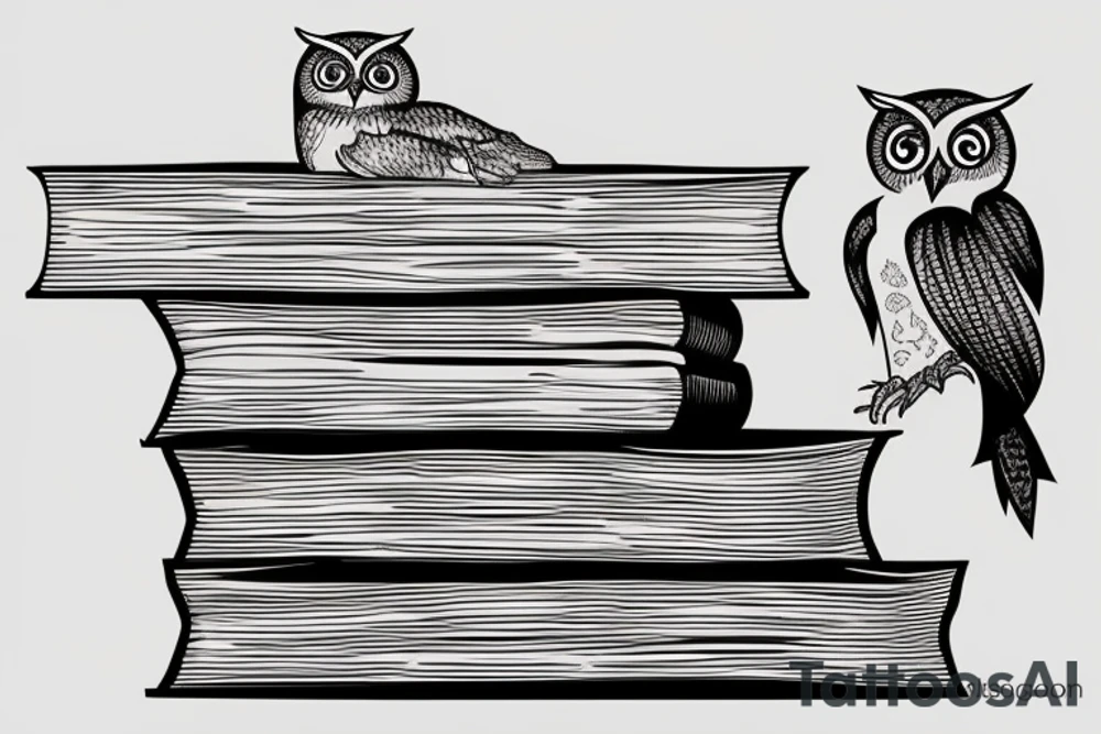Three books, piled up on one another. Owl resting on top of books. tattoo idea