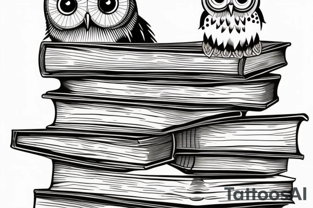 Three books, piled up on one another. Owl resting on top of books. tattoo idea