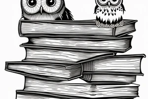 Three books, piled up on one another. Owl resting on top of books. tattoo idea