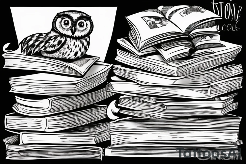 Three books, piled up on one another. Owl resting on top of books. tattoo idea
