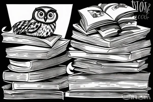 Three books, piled up on one another. Owl resting on top of books. tattoo idea