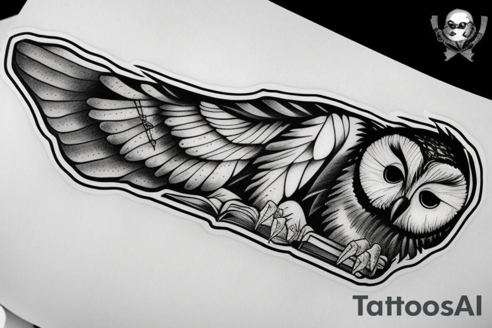 owl resting on books tattoo idea