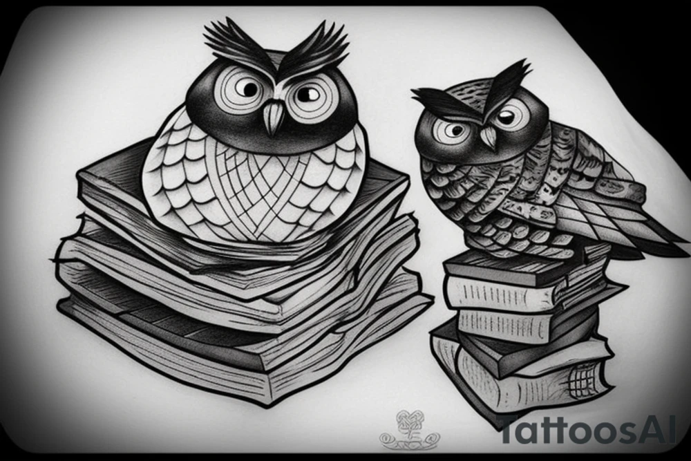 owl resting on books tattoo idea