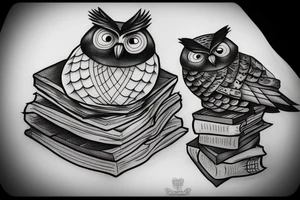 owl resting on books tattoo idea