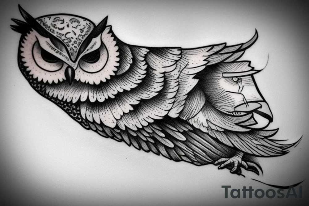 owl resting on books tattoo idea