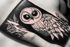 owl resting on books tattoo idea