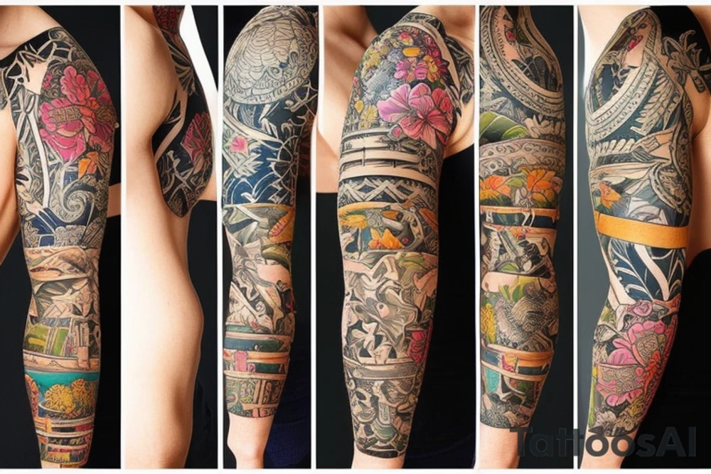 Create a sleeve with hawaii themed patchwork tattoos tattoo idea Create a sleeve with hawaii themed patchwork tattoos tattoo idea