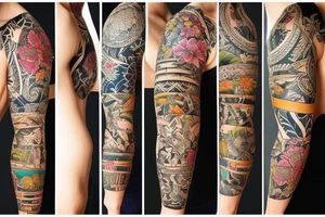 Create a sleeve with hawaii themed patchwork tattoos tattoo idea