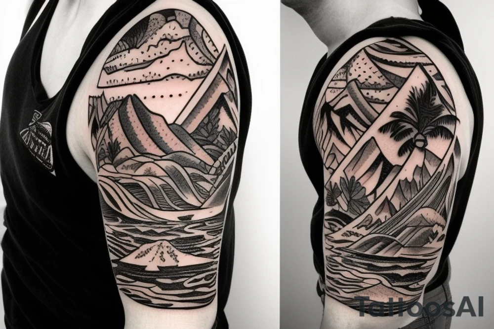 Create a sleeve with hawaii themed patchwork tattoos including mountains and the ocean tattoo idea Create a sleeve with hawaii themed patchwork tattoos including mountains and the ocean tattoo idea