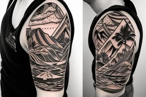Create a sleeve with hawaii themed patchwork tattoos including mountains and the ocean tattoo idea