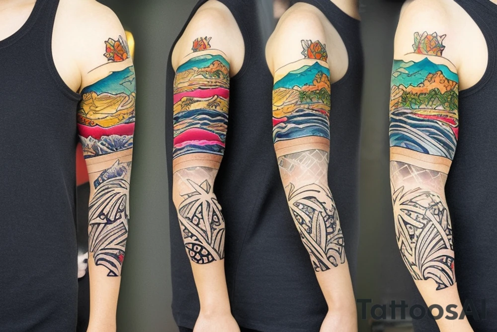 Create a sleeve with hawaii themed patchwork tattoos including mountains and the ocean tattoo idea Create a sleeve with hawaii themed patchwork tattoos including mountains and the ocean tattoo idea