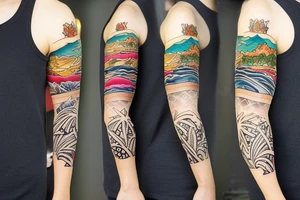 Create a sleeve with hawaii themed patchwork tattoos including mountains and the ocean tattoo idea