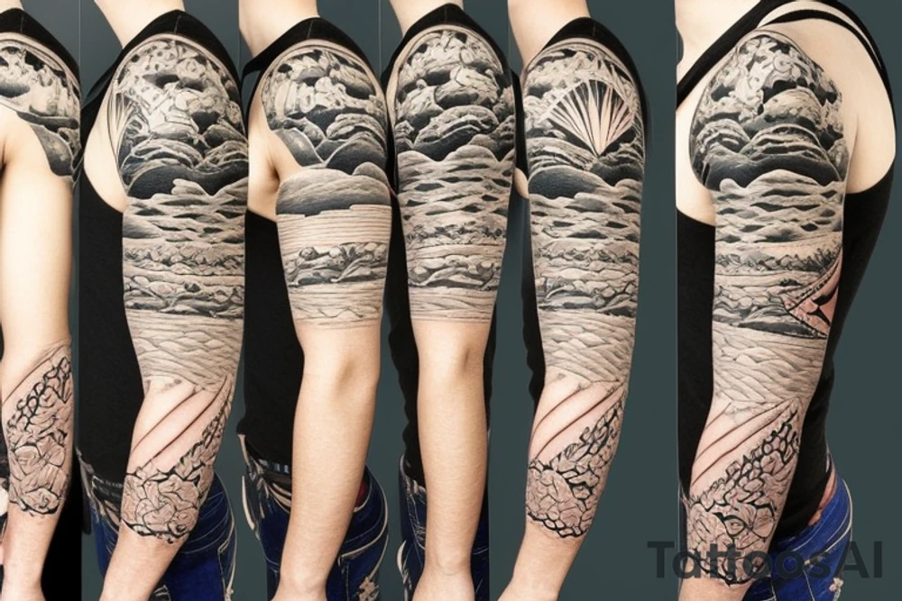 Create a sleeve with hawaii themed patchwork tattoos including mountains and the ocean tattoo idea Create a sleeve with hawaii themed patchwork tattoos including mountains and the ocean tattoo idea