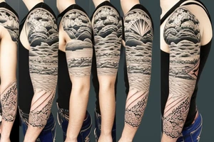 Create a sleeve with hawaii themed patchwork tattoos including mountains and the ocean tattoo idea