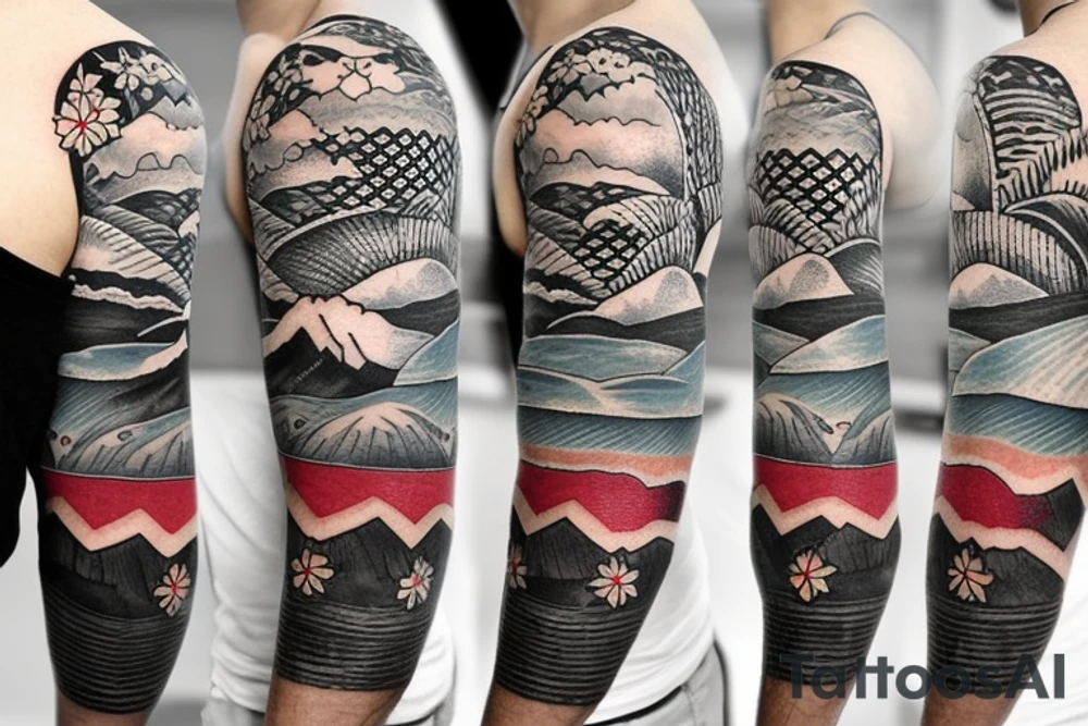 Create a sleeve with hawaii themed patchwork tattoos including mountains and the ocean tattoo idea