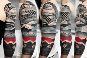 Create a sleeve with hawaii themed patchwork tattoos including mountains and the ocean tattoo idea
