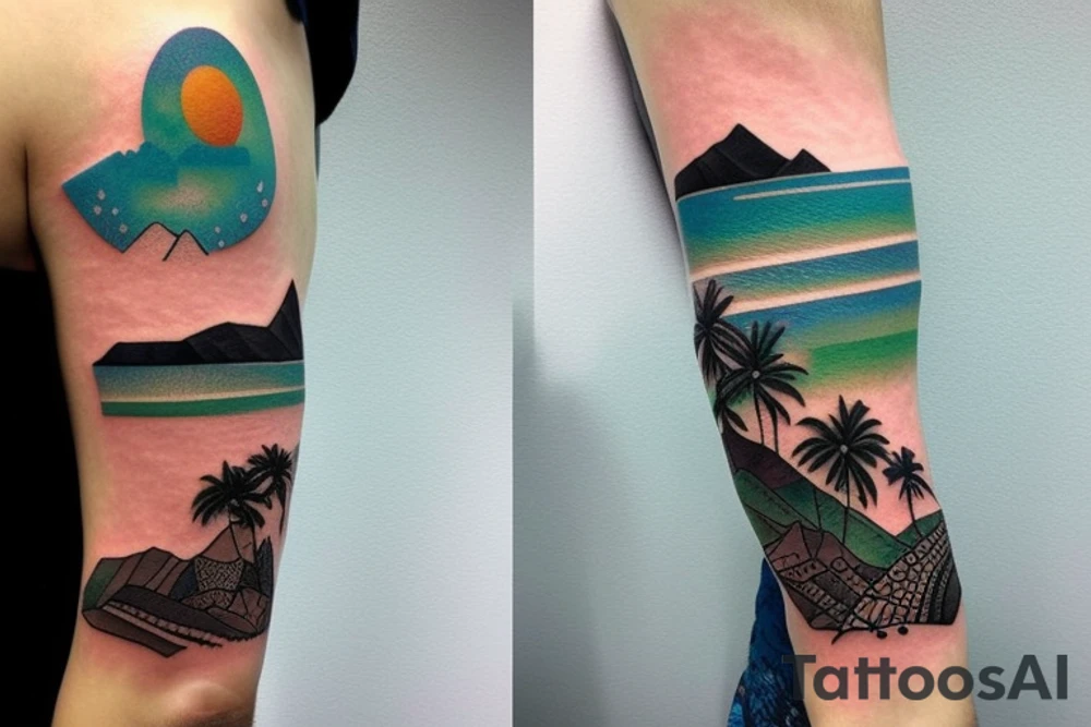 Create a whole arm with hawaii themed patchwork tattoos including mountains and the ocean tattoo idea Create a whole arm with hawaii themed patchwork tattoos including mountains and the ocean tattoo idea
