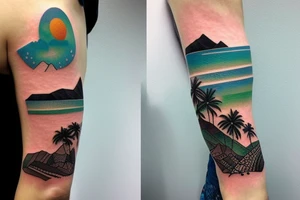 Create a whole arm with hawaii themed patchwork tattoos including mountains and the ocean tattoo idea