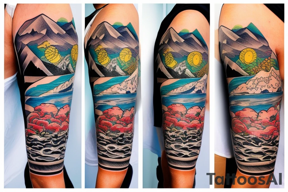 Create a whole arm with hawaii themed patchwork tattoos including mountains and the ocean tattoo idea