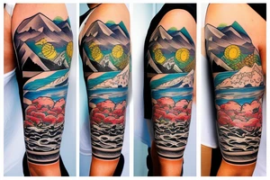 Create a whole arm with hawaii themed patchwork tattoos including mountains and the ocean tattoo idea