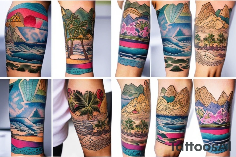 Create a whole arm with hawaii themed patchwork tattoos including mountains and the ocean tattoo idea