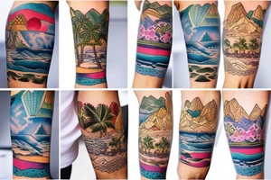 Create a whole arm with hawaii themed patchwork tattoos including mountains and the ocean tattoo idea