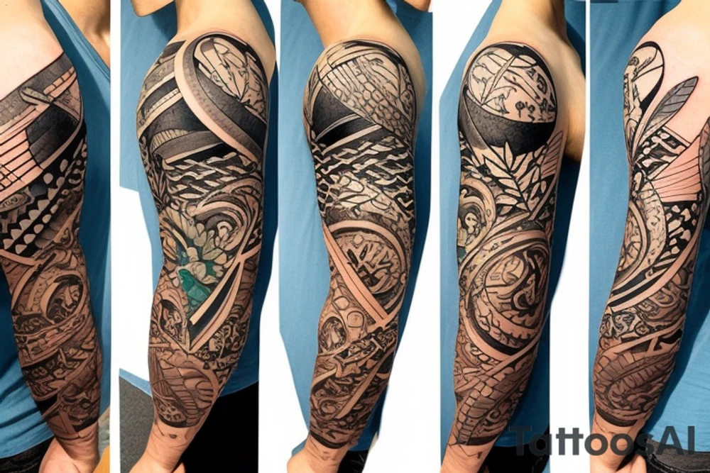 Create a whole arm with hawaii themed patchwork tattoos including mountains and the ocean tattoo idea