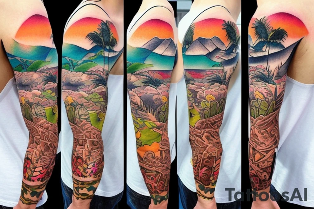Create a whole arm with hawaii themed patchwork tattoos including mountains and the ocean
Patchwork tattoo style tattoo idea