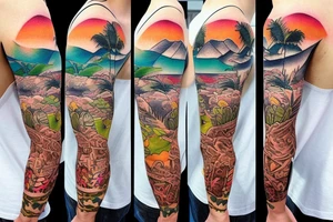 Create a whole arm with hawaii themed patchwork tattoos including mountains and the ocean
Patchwork tattoo style tattoo idea