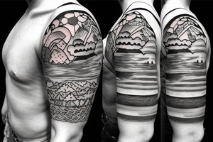 Create a whole arm with hawaii themed patchwork tattoos including mountains and the ocean
Patchwork tattoo style tattoo idea