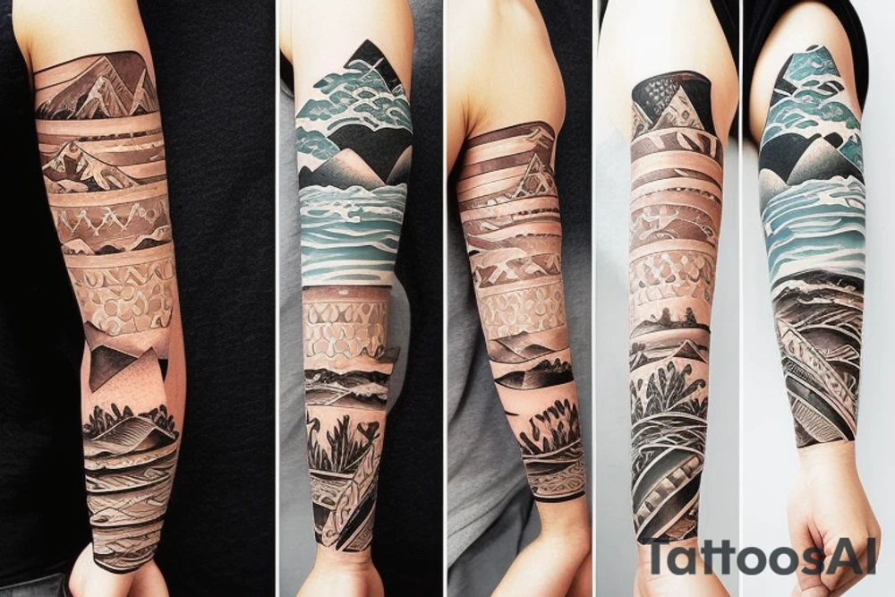 Create a forearm with hawaii themed patchwork tattoos including mountains and the ocean tattoo idea Create a forearm with hawaii themed patchwork tattoos including mountains and the ocean tattoo idea