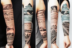 Create a forearm with hawaii themed patchwork tattoos including mountains and the ocean tattoo idea