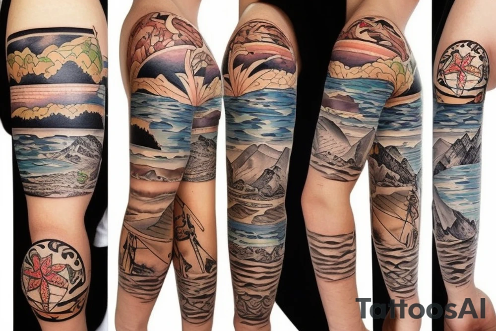 Create a forearm with hawaii themed patchwork tattoos including mountains and the ocean tattoo idea Create a forearm with hawaii themed patchwork tattoos including mountains and the ocean tattoo idea