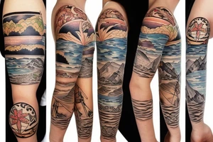 Create a forearm with hawaii themed patchwork tattoos including mountains and the ocean tattoo idea