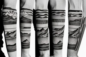 Create a forearm with hawaii themed patchwork tattoos including mountains and the ocean tattoo idea