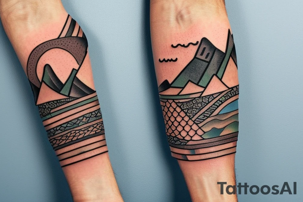 Create a forearm with hawaii themed patchwork tattoos including mountains and the ocean tattoo idea Create a forearm with hawaii themed patchwork tattoos including mountains and the ocean tattoo idea