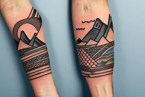 Create a forearm with hawaii themed patchwork tattoos including mountains and the ocean tattoo idea