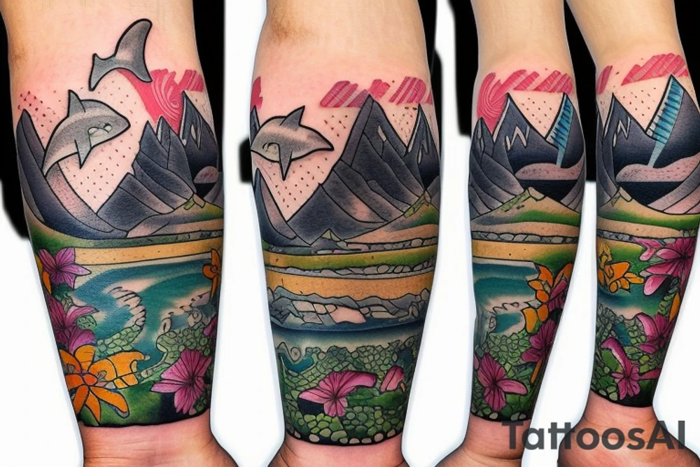 Create a forearm with hawaii themed patchwork tattoos including mountains and sharks tattoo idea Create a forearm with hawaii themed patchwork tattoos including mountains and sharks tattoo idea