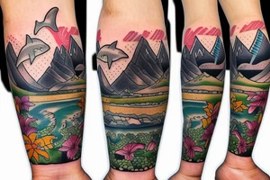 Create a forearm with hawaii themed patchwork tattoos including mountains and sharks tattoo idea