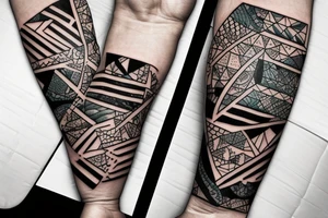 Create a forearm with hawaii themed patchwork tattoos including mountains and sharks tattoo idea