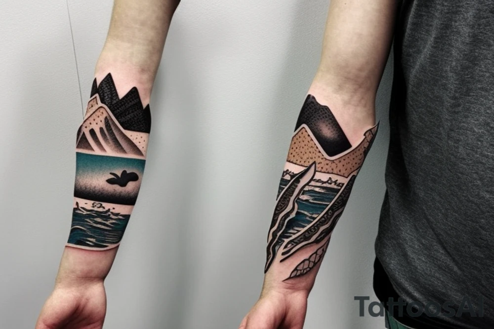 Create a forearm with hawaii themed patchwork tattoos including mountains and sharks tattoo idea Create a forearm with hawaii themed patchwork tattoos including mountains and sharks tattoo idea