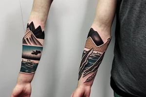 Create a forearm with hawaii themed patchwork tattoos including mountains and sharks tattoo idea