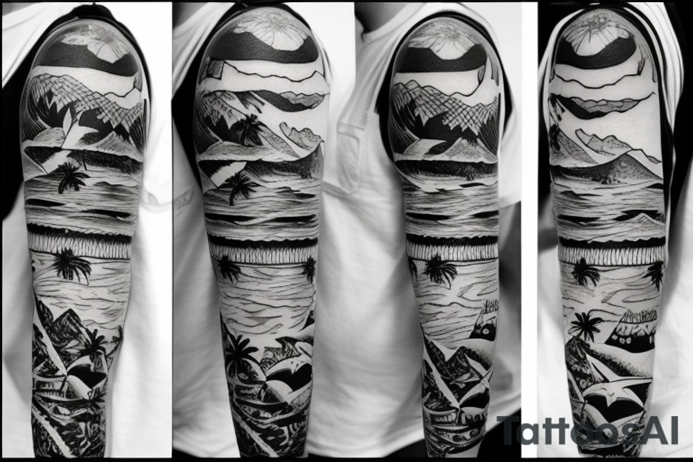 Create a forearm with hawaii themed patchwork tattoos including mountains and sharks tattoo idea
