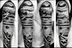 Create a forearm with hawaii themed patchwork tattoos including mountains and sharks tattoo idea