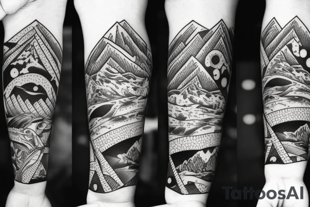 Create a forearm with black and white hawaii themed patchwork tattoos including mountains and sharks tattoo idea