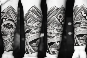 Create a forearm with black and white hawaii themed patchwork tattoos including mountains and sharks tattoo idea