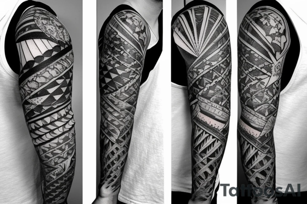 Create a forearm with black and white hawaii themed patchwork tattoos including mountains and sharks tattoo idea